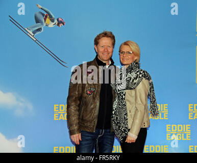 Munich, Germany. 20th Mar, 2016. Former ski jumper Dieter Thoma and his partner Mandana Daub arrive for a special screening of 'Eddie The Eagle' in Munich, Germany, 20 March 2016. Photo: Ursula Dueren/dpa/Alamy Live News Stock Photo