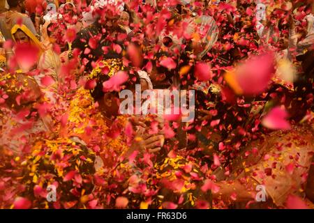 Mathura, India. 20th Mar, 2016. Devotees throw flower petals and dance as they celebrate Holi, organized by non-government organization 'Sulabh International' at Gopinath Temple. © Prabhat Kumar Verma/Pacific Press/Alamy Live News Stock Photo