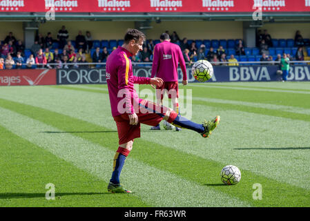 VILLARREAL, SPAIN - MAR 20: Leo Messi warms up prior to the La Liga match between Villarreal CF and FC Barcelona at El Madrigal Stadium on March 20, 2016 in Villarreal, Spain. Stock Photo