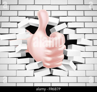 Conceptual illustration of a hand giving a thumbs up breaking through a brick wall Stock Photo