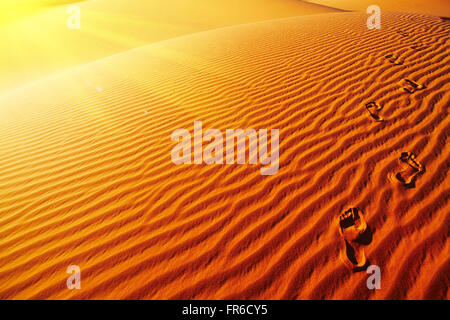 Footprints on sand dune, Sahara Desert, Algeria Stock Photo