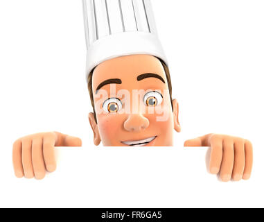 3d head chef hiding behind white wall, isolated white background Stock Photo