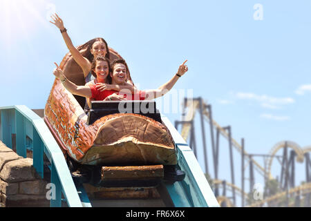 Friends cheering and riding log amusement park ride Stock Photo