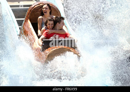 Enthusiastic friends getting splashed in water log amusement park ride Stock Photo