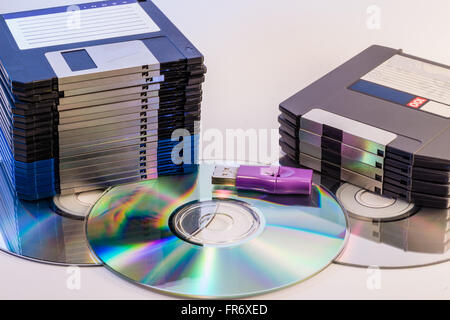 Progression of computer data storage media from floppy to USB flash stick through the DVD rom Stock Photo