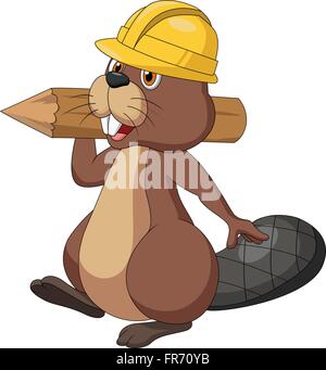 Cute cartoon beaver wearing safety hat and holding a wood log Stock Vector