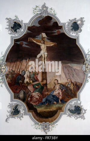 Calvary - Jesus dies on the cross, fresco on the ceiling of the Church of Our Lady of Sorrows in Rosenberg, Germany Stock Photo