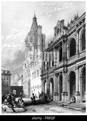 Engraving of the Town Hall, Cologne on The Rhine scanned at high resolution from a book printed in 1876. Believed copyright free Stock Photo