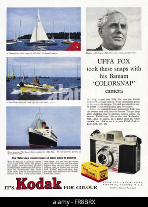 Original vintage full page colour advert from 1950s. Advertisement dated 1959 advertising KODAK COLORSNAP CAMERA featuring Uffa Fox boat designer & sailing enthusiast. retro Stock Photo