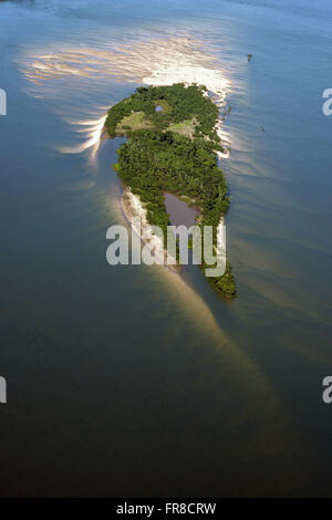 Aerial view of river island in the Rio Tapajos in Rio Tapajos that appears in the ebb - Stock Photo