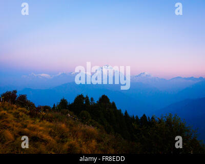 Pink dawn view to the Dhaulagiri from Poon Hill viewpoint above Ghorepani in the Annapurna Himalayas, Nepal Stock Photo