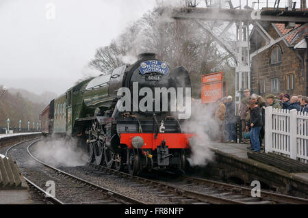 Flying Scotsman steam locomotive leaving platform 3 at Grosmont Station on the North Yorkshire Moors Heritage Railway (NYMR) Stock Photo