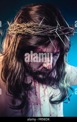 jesus christ, representation of Calvary on the cross with crown of thorns and wounds, faith and religion Stock Photo