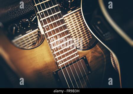 Electric Bass Guitar Playing Concept Photo. Stock Photo