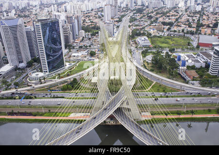 Aerial view of the Cable-Stayed Bridge Octavio Frias de Oliveira on the river Pinheiros - Brooklin neighborhood Stock Photo