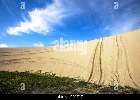 Sand dunes with tire tracks of buggys in Jericoacoara National Park Stock Photo