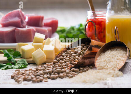 Baiao two ingredients, string beans, corned beef, Stock Photo