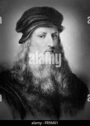 A portrait of Leonardo da Vinci.  Leonardo di ser Piero da Vinci, more commonly Leonardo da Vinci; 15 April 1452 – 2 May 1519, was an Italian polymath whose areas of interest included invention, painting, sculpting, architecture, science, music, mathematics, engineering, literature, anatomy, geology, astronomy, botany, writing, history, and cartography. Stock Photo