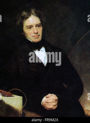 Portrait of Michael Faraday in 1842, oil on canvas by artist Thomas Phillips.  Michael Faraday - 22 September 1791 – 25 August 1867 was an English scientist who contributed to the fields of electromagnetism and electrochemistry. His main discoveries include those of electromagnetic induction, diamagnetism and electrolysis. Stock Photo
