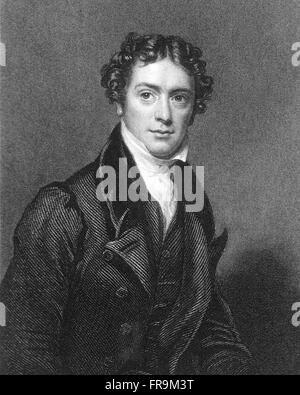 Portrait of Michael Faraday - (22 September 1791 – 25 August 1867) in his late thirties. Seen here in an engraving by John Cochran (1821-1865).  Michael Faraday - 22 September 1791 – 25 August 1867 was an English scientist who contributed to the fields of electromagnetism and electrochemistry. His main discoveries include those of electromagnetic induction, diamagnetism and electrolysis. Stock Photo