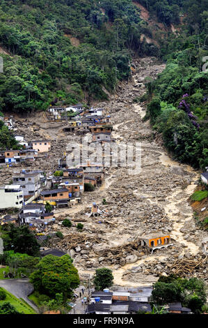 Aerial view of the destruction in the city of Teresopolis caused by landslide slopes Stock Photo