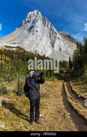 Male photographer on mountain trail looking through the camera with mountain peak and blue sky in the background, Kananaskis Provincial Park Stock Photo