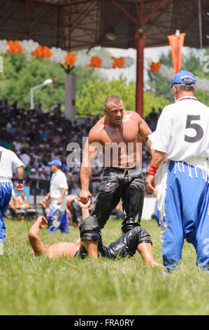 Wrestlers Turkish pehlivan at the competition in traditional Kirkpinar wrestling. Stock Photo