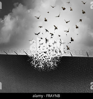 Break down walls and remove barriers and tarrifs as a business concept for open free trade with no levy or excise tax as a security wall being destroyed transforming into a group of flying birds. Stock Photo