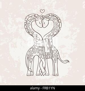 A pair of cute giraffes in love with a common scarf. Neck curved in the shape of heart. Stock Vector
