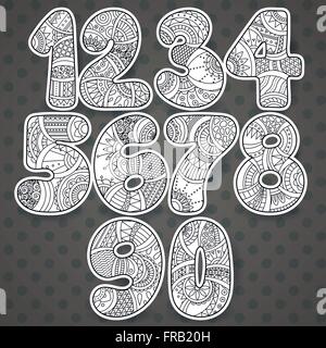 Zentangle numbers set. Collection of doodle numbers with zentangle elements. Vector illustration can be used for web design, booklets, print cards, textile t-shirts, print elements and other. Stock Vector