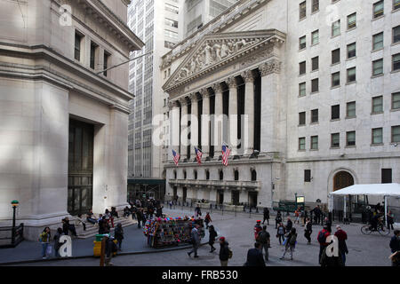 New York Stock Exchange at the intersection of Broad and Wall Street in New York City, New York, United States of America. Stock Photo