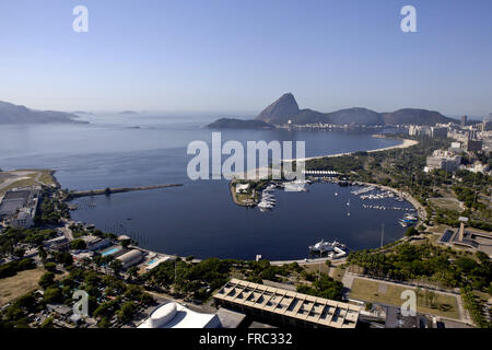 View of the Marina da Gloria with Pao de Acucar and Morro da Urca in Guanabara Bay in the background Stock Photo