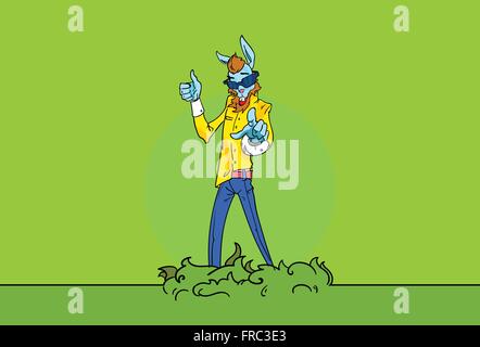 Bearded Rabbit Point Finger At You Hipster Animal Thumb Up Flat Stock Vector