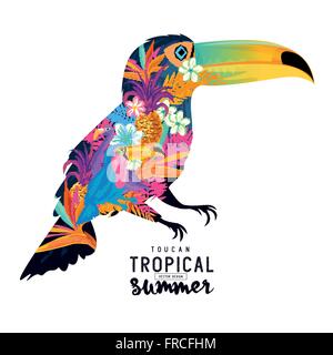 Tropical Summer Toucan. Abstract Toucan bird with various tropical elements. Stock Vector