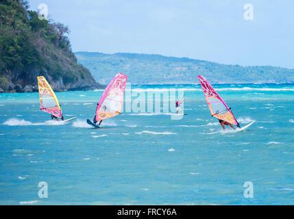 Boracay island, Philippines - January 26: windsurfers enjoying wind power on Bulabog beach Stock Photo