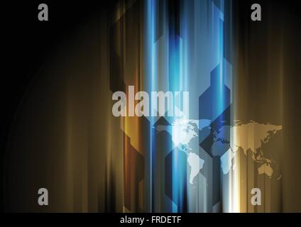Dark abstract tech glowing background with map. Vector graphic design Stock Vector