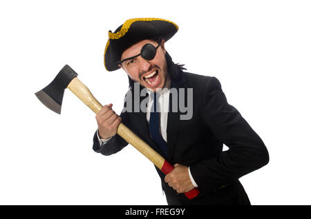 Pirate businessman with axe isolated on white Stock Photo