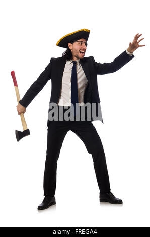 Pirate businessman with axe isolated on white Stock Photo