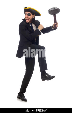Pirate businessman holding hammer isolated on white Stock Photo