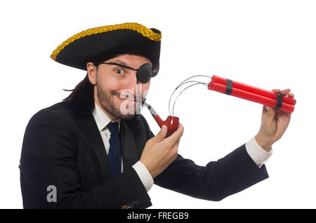 Pirate businessman with smoking pipe and detonator isolated on white Stock Photo