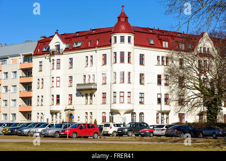 Kalmar, Sweden - March 17, 2016: The architecture along Vegagatan with cars parked along the street. Stock Photo