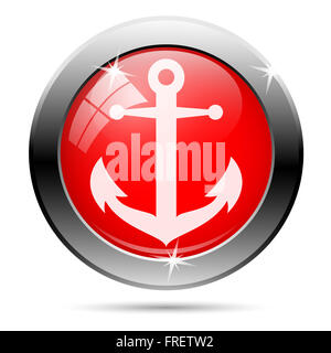 Anchor icon with white on red background. Stock Photo