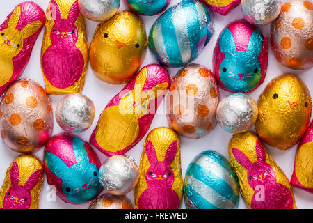 M&S bunnies & bobtails, chocolate bunnies & chocolate bunny tails and M&S caramel eggs, caramel filled milk chocolate half eggs - ready for Easter Stock Photo
