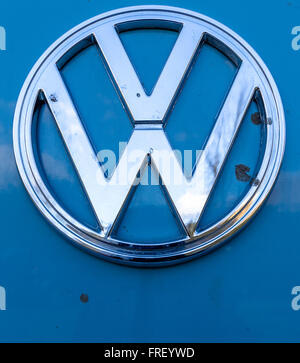 V.W. badge on the front of a T2 camper van. Stock Photo