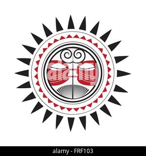 Maori Sun God - Polynesian Traditional Pattern Drawing Red and Black Sketch Isolated on White Stock Vector