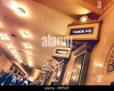 Tracks 102 and 104 Signs in Grand Central Terminal, NYC Stock Photo