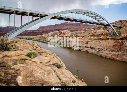 A large metal bridge over the Colorado River on highway 95 at Hite Crossing, Utah. Stock Photo