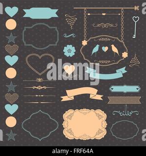 Set of wedding elements with frames, ribbons, banner, birds Stock Vector
