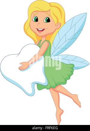 Illustration of a cute Tooth Fairy flying with Tooth Stock Vector