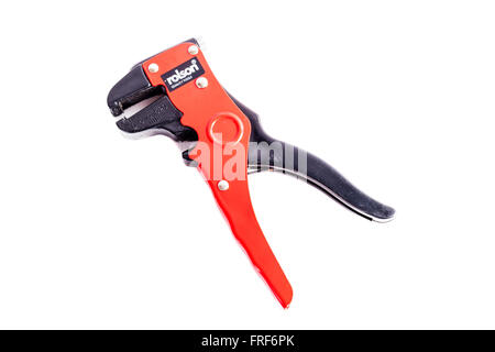 Wire stripper electricians tool strip wires Rolson product logo brand cutout cut out white background isolated UK England GB Stock Photo